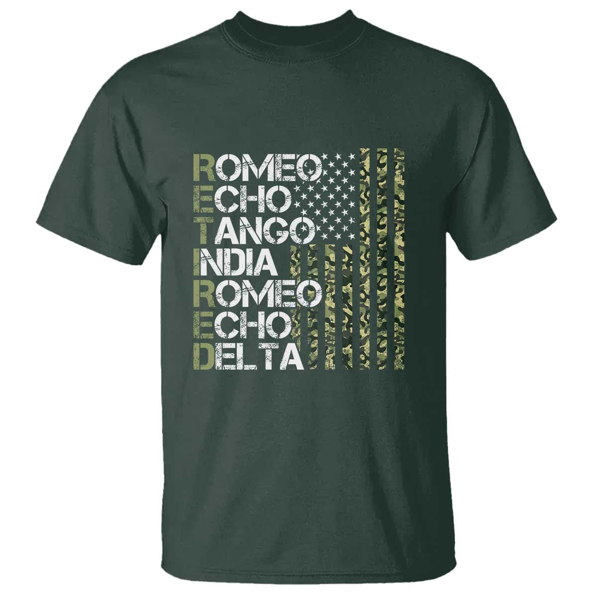 Funny Retired Military Phonetic Alphabet Retirement T Shirt Vintage Camouflage Flag TS11 Dark Forest Green Print Your Wear