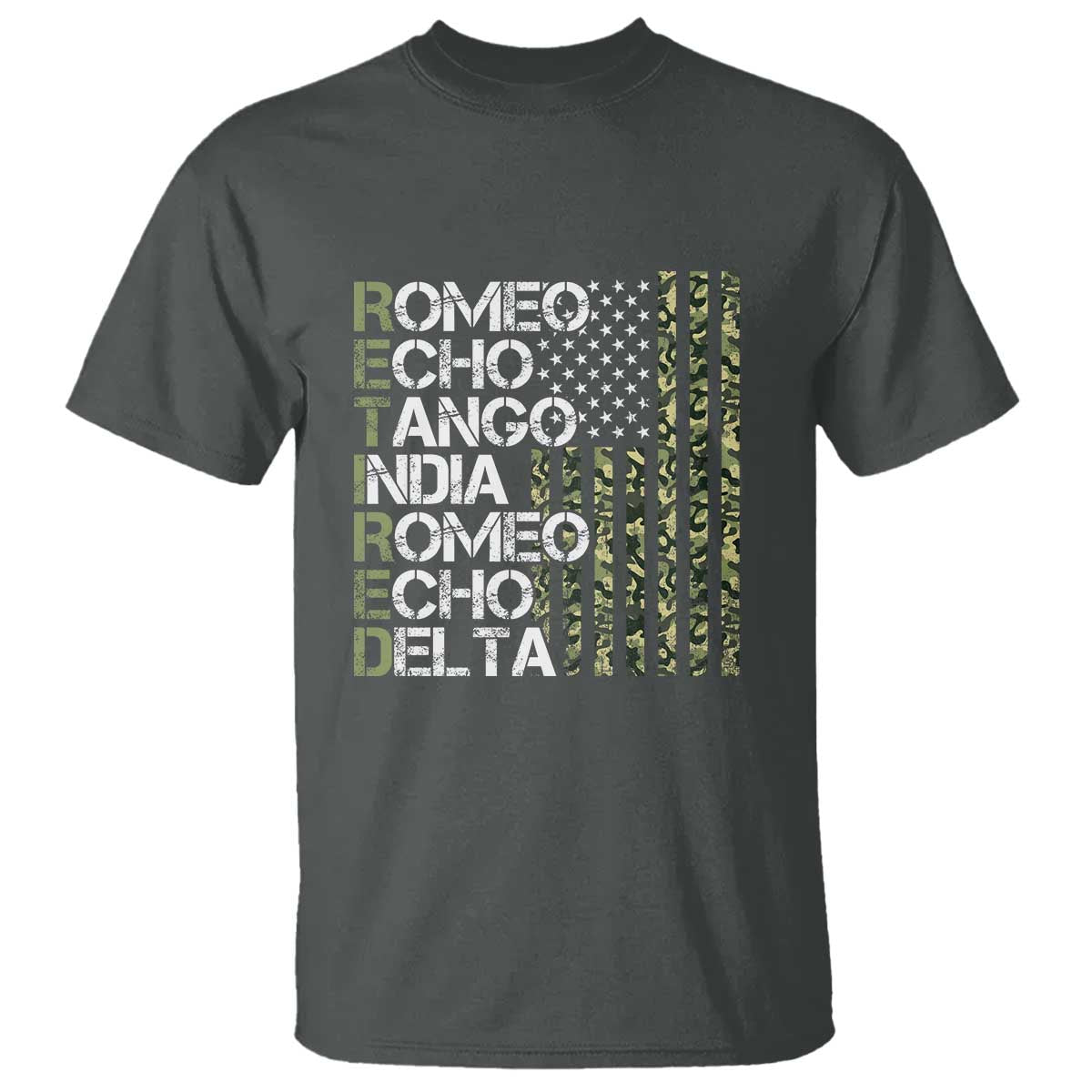 Funny Retired Military Phonetic Alphabet Retirement T Shirt Vintage Camouflage Flag TS11 Dark Heather Print Your Wear