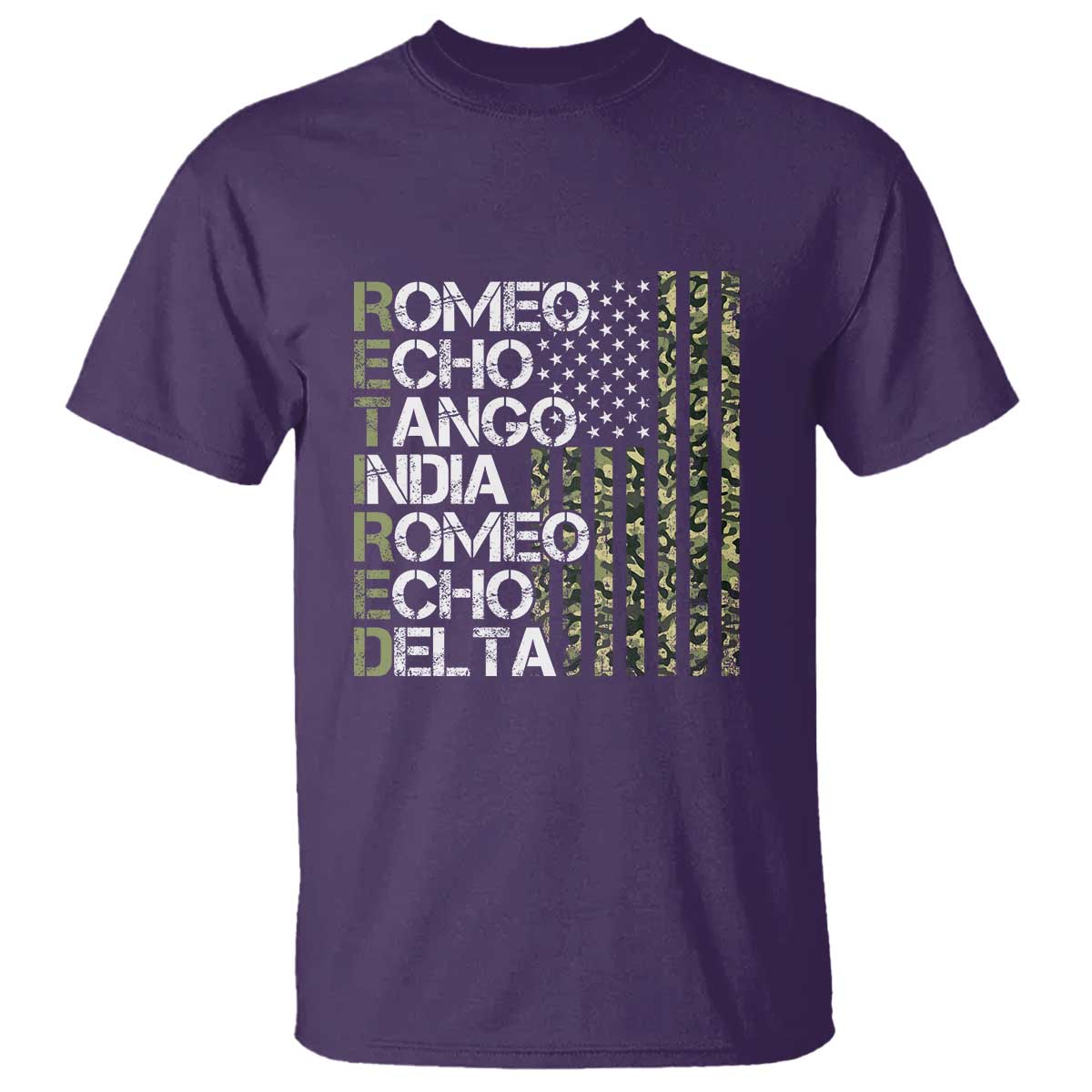 Funny Retired Military Phonetic Alphabet Retirement T Shirt Vintage Camouflage Flag TS11 Purple Print Your Wear