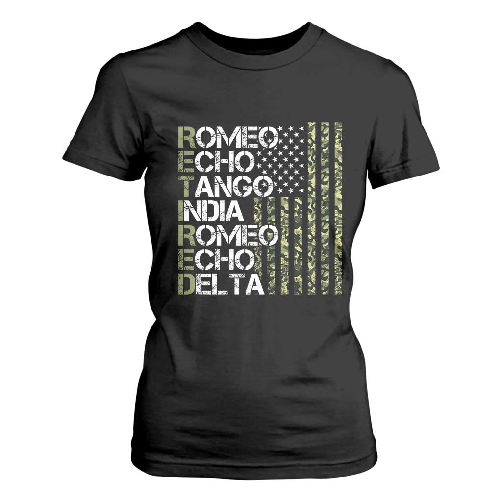 Funny Retired Military Phonetic Alphabet Retirement T Shirt For Women Vintage Camouflage Flag TS11 Black Print Your Wear