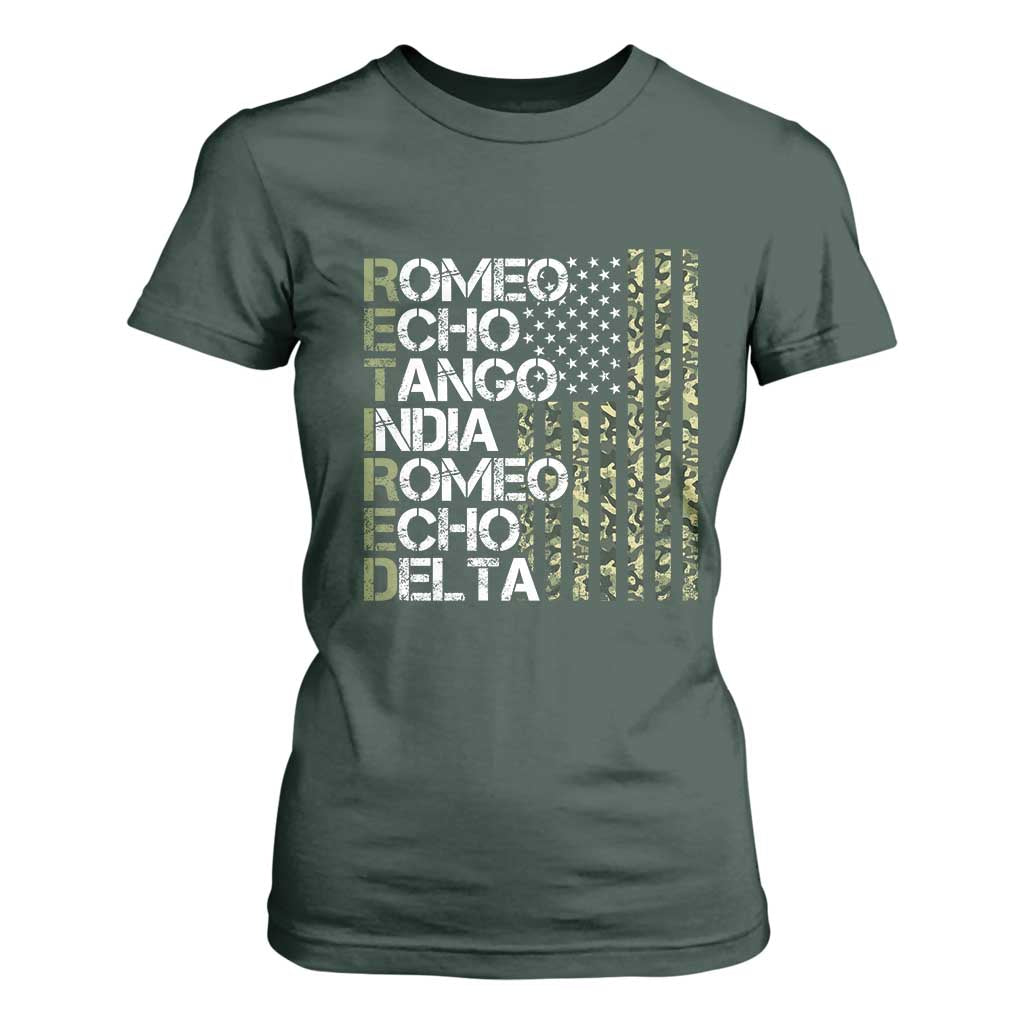 Funny Retired Military Phonetic Alphabet Retirement T Shirt For Women Vintage Camouflage Flag TS11 Dark Forest Green Print Your Wear