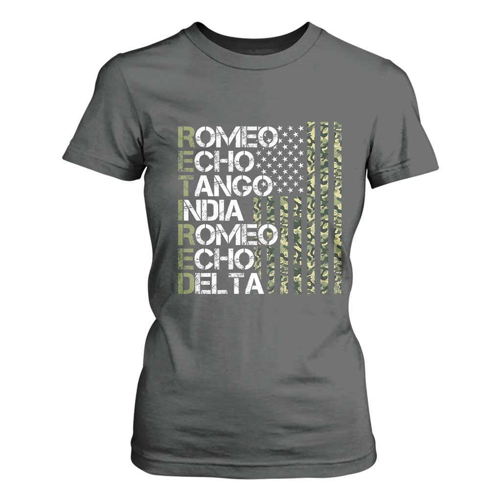 Retired 2025 Military Phonetic Alphabet Retirement T Shirt For Women Vintage Camouflage Flag TS11 Dark Heather Print Your Wear