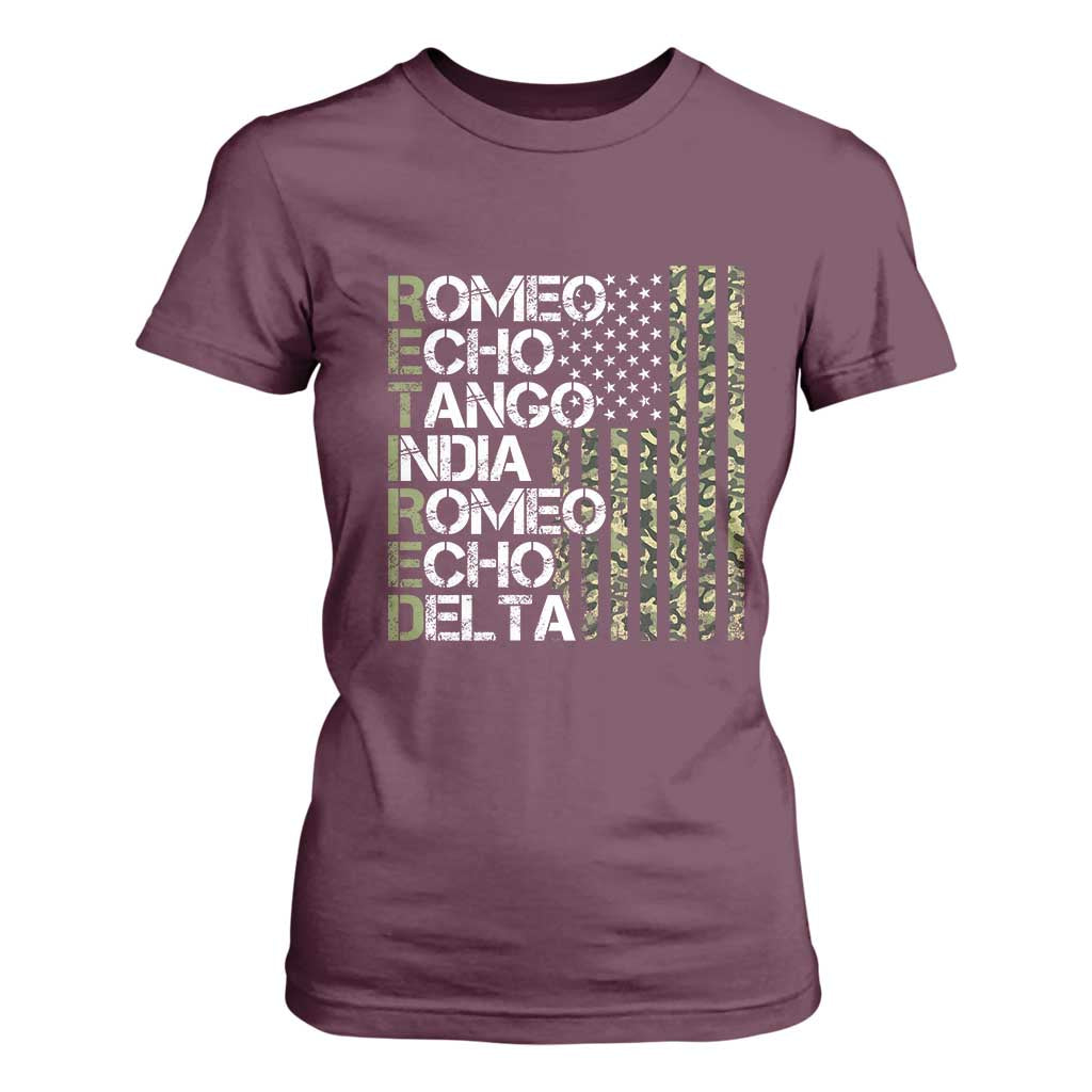 Funny Retired Military Phonetic Alphabet Retirement T Shirt For Women Vintage Camouflage Flag TS11 Maroon Print Your Wear