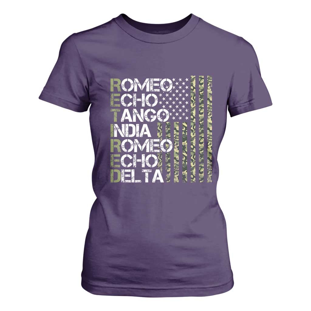 Funny Retired Military Phonetic Alphabet Retirement T Shirt For Women Vintage Camouflage Flag TS11 Purple Print Your Wear