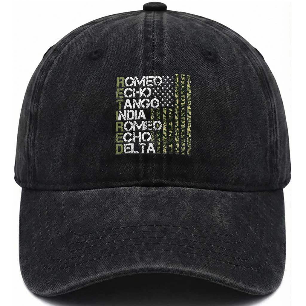 Funny Retired Military Phonetic Alphabet Retirement Washed Cotton Baseball Cap Vintage Camouflage Flag