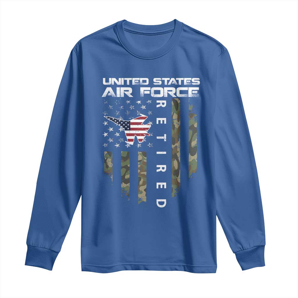 Funny United States Air Force Retired Long Sleeve Shirt Camo American Flag Fighter TS11 Royal Blue Print Your Wear