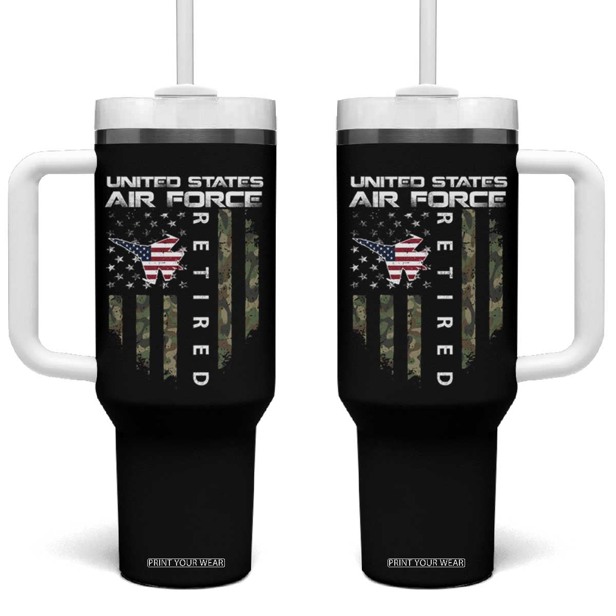Funny United States Air Force Retired Tumbler With Handle Camo American Flag Fighter TS11 One Size: 40 oz Black Print Your Wear