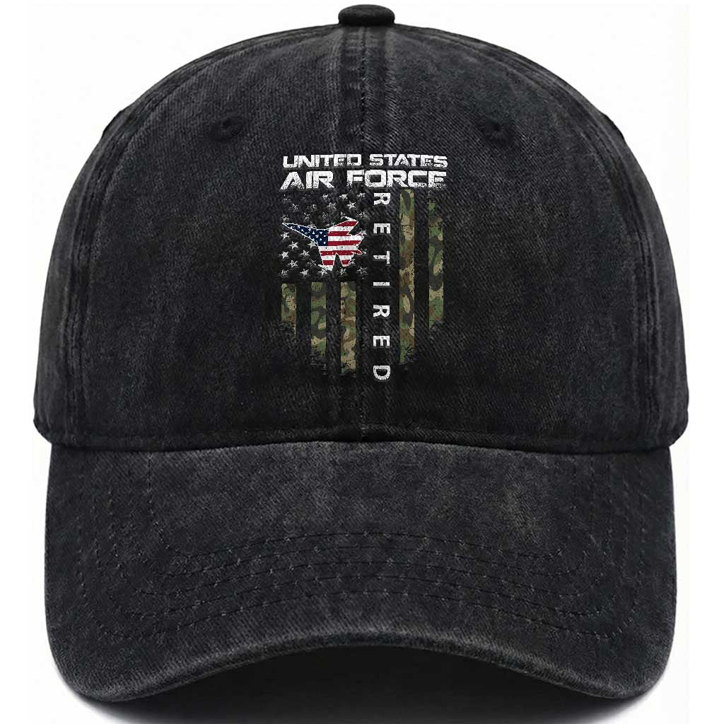 Funny United States Air Force Retired Washed Cotton Baseball Cap Camo American Flag Fighter