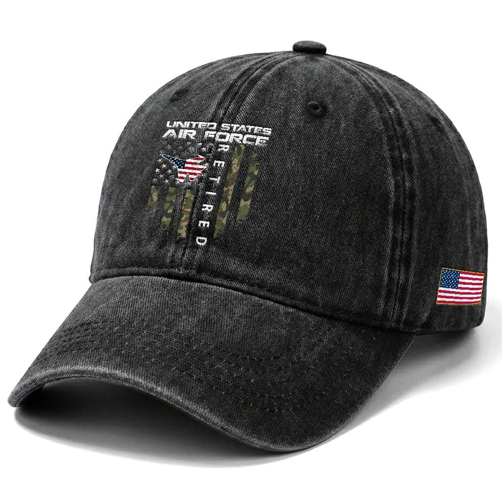 Funny United States Air Force Retired Washed Cotton Baseball Cap Camo American Flag Fighter