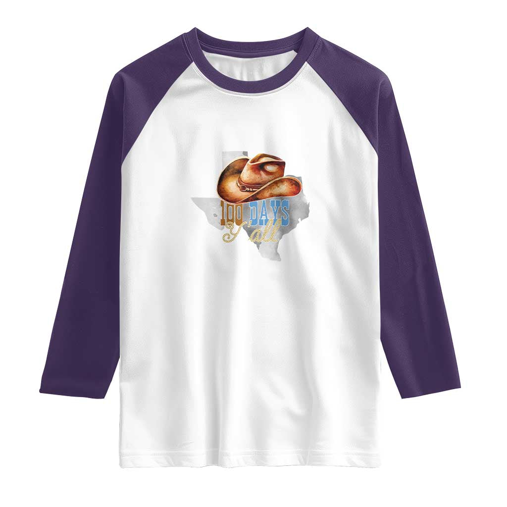 Funny 100th Day Of School Cowboy Raglan Shirt 100 Days Y'all TX map TS11 White Purple Print Your Wear