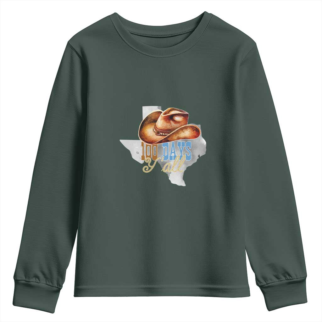 Funny 100th Day Of School Cowboy Youth Sweatshirt 100 Days Y'all TX map TS11 Dark Forest Green Print Your Wear