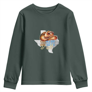 Funny 100th Day Of School Cowboy Youth Sweatshirt 100 Days Y'all TX map TS11 Dark Forest Green Print Your Wear