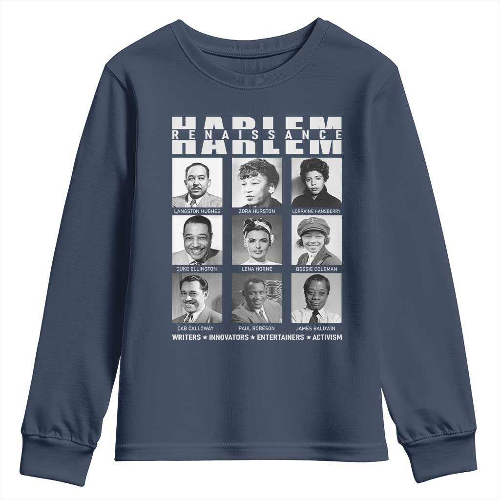 Harlem Renaissance Youth Sweatshirt Black Writers Innovators Entertainers Activism Black History Month TS11 Navy Print Your Wear