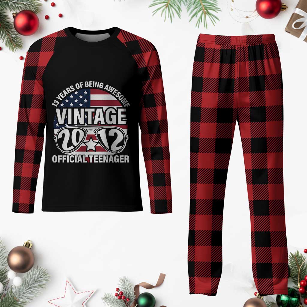 Funny 13th Birthday Plaid Pajama Set Vintage 2012 Official Teenager 13 Years Of Being Awesome USA Flag Sunglasses TS11 Buffalo Plaid Print Your Wear