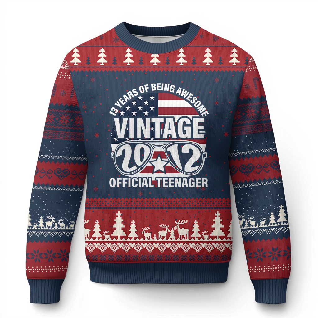 Funny 13th Birthday Ugly Christmas Sweater Vintage 2012 Official Teenager 13 Years Of Being Awesome USA Flag Sunglasses TS11 Navy Red Print Your Wear