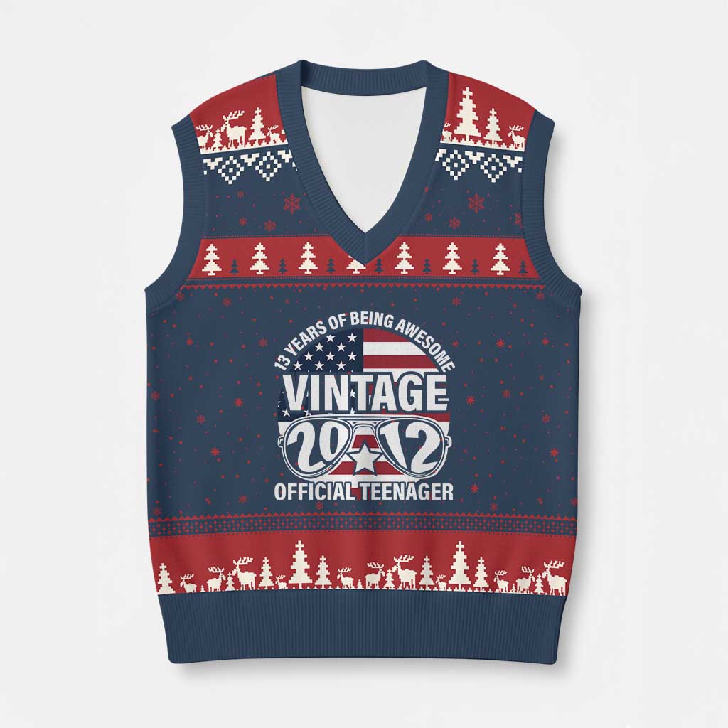 Funny 13th Birthday V-Neck Knit Sweater Vest Vintage 2012 Official Teenager 13 Years Of Being Awesome USA Flag Sunglasses TS11 Navy Red Print Your Wear