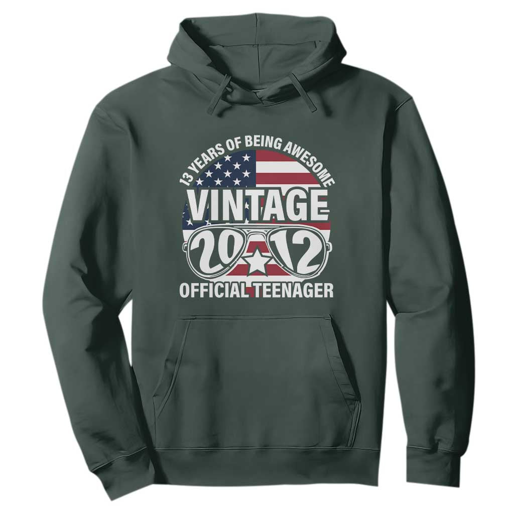 Funny 13th Birthday Hoodie Vintage 2012 Official Teenager 13 Years Of Being Awesome USA Flag Sunglasses TS11 Dark Forest Green Print Your Wear