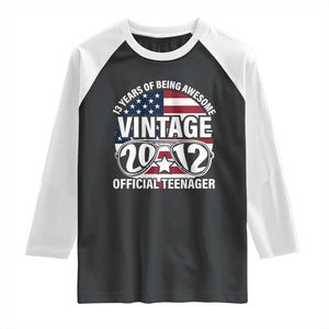 Funny 13th Birthday Raglan Shirt Vintage 2012 Official Teenager 13 Years Of Being Awesome USA Flag Sunglasses TS11 Black White Print Your Wear