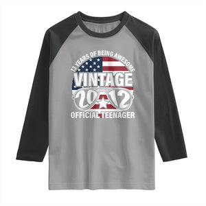 Funny 13th Birthday Raglan Shirt Vintage 2012 Official Teenager 13 Years Of Being Awesome USA Flag Sunglasses TS11 Sport Gray Black Print Your Wear