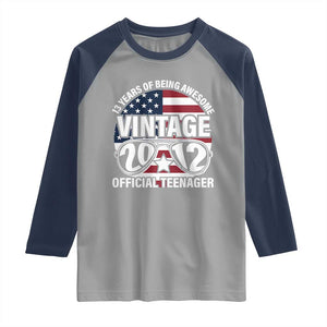 Funny 13th Birthday Raglan Shirt Vintage 2012 Official Teenager 13 Years Of Being Awesome USA Flag Sunglasses TS11 Sport Gray Navy Print Your Wear