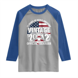 Funny 13th Birthday Raglan Shirt Vintage 2012 Official Teenager 13 Years Of Being Awesome USA Flag Sunglasses TS11 Sport Gray Royal Print Your Wear