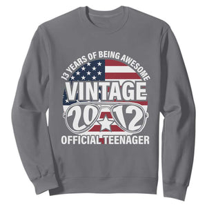 Funny 13th Birthday Sweatshirt Vintage 2012 Official Teenager 13 Years Of Being Awesome USA Flag Sunglasses TS11 Charcoal Print Your Wear