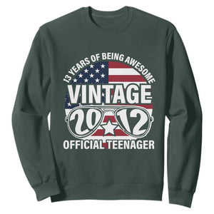 Funny 13th Birthday Sweatshirt Vintage 2012 Official Teenager 13 Years Of Being Awesome USA Flag Sunglasses TS11 Dark Forest Green Print Your Wear