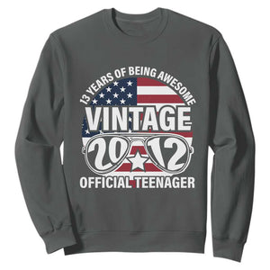 Funny 13th Birthday Sweatshirt Vintage 2012 Official Teenager 13 Years Of Being Awesome USA Flag Sunglasses TS11 Dark Heather Print Your Wear