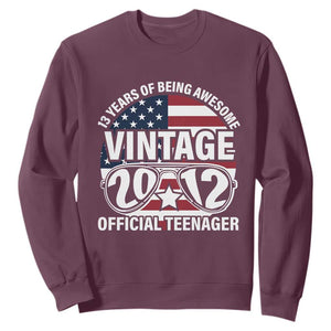 Funny 13th Birthday Sweatshirt Vintage 2012 Official Teenager 13 Years Of Being Awesome USA Flag Sunglasses TS11 Maroon Print Your Wear