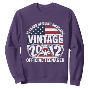Funny 13th Birthday Sweatshirt Vintage 2012 Official Teenager 13 Years Of Being Awesome USA Flag Sunglasses TS11 Purple Print Your Wear