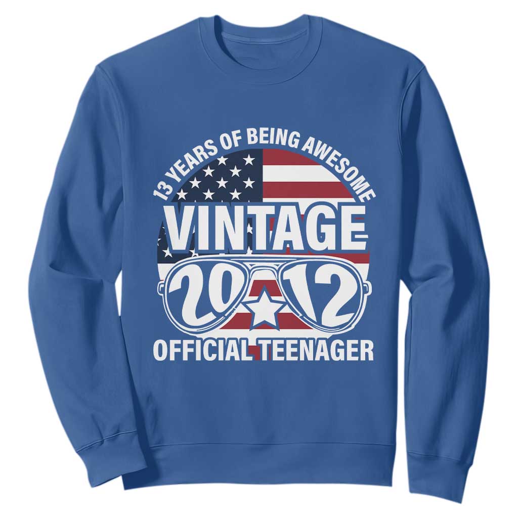 Funny 13th Birthday Sweatshirt Vintage 2012 Official Teenager 13 Years Of Being Awesome USA Flag Sunglasses TS11 Royal Blue Print Your Wear