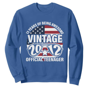 Funny 13th Birthday Sweatshirt Vintage 2012 Official Teenager 13 Years Of Being Awesome USA Flag Sunglasses TS11 Royal Blue Print Your Wear