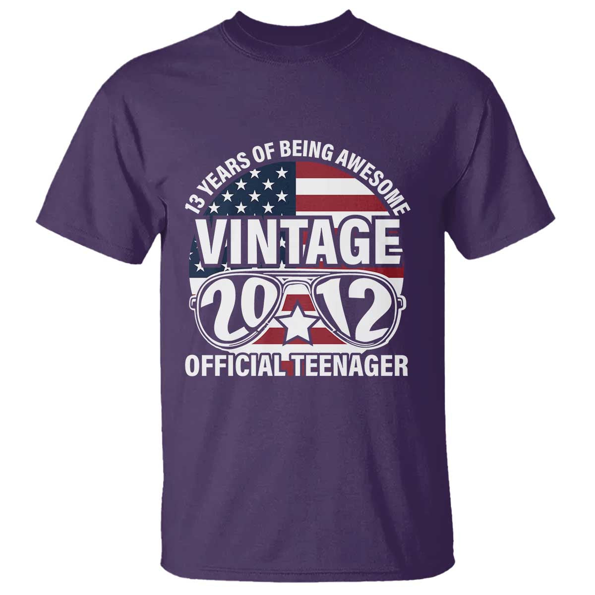 Funny 13th Birthday T Shirt Vintage 2012 Official Teenager 13 Years Of Being Awesome USA Flag Sunglasses TS11 S Purple Print Your Wear