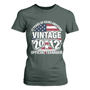 Funny 13th Birthday T Shirt For Women Vintage 2012 Official Teenager 13 Years Of Being Awesome USA Flag Sunglasses TS11 Dark Forest Green Print Your Wear