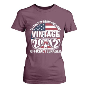 Funny 13th Birthday T Shirt For Women Vintage 2012 Official Teenager 13 Years Of Being Awesome USA Flag Sunglasses TS11 Maroon Print Your Wear