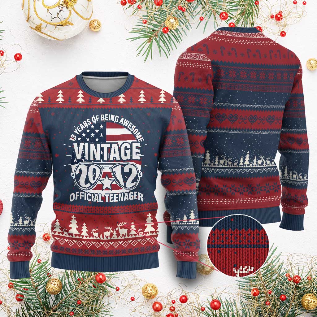 Funny 13th Birthday Knit Sweatshirt Vintage 2012 Official Teenager 13 Years Of Being Awesome USA Flag Sunglasses TS11 Burgundy Print Your Wear