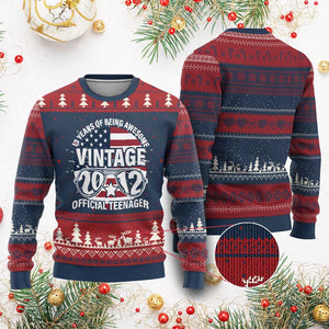 Funny 13th Birthday Knit Sweatshirt Vintage 2012 Official Teenager 13 Years Of Being Awesome USA Flag Sunglasses TS11 Burgundy Print Your Wear