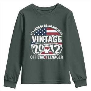 Funny 13th Birthday Youth Sweatshirt Vintage 2012 Official Teenager 13 Years Of Being Awesome USA Flag Sunglasses TS11 Dark Forest Green Print Your Wear