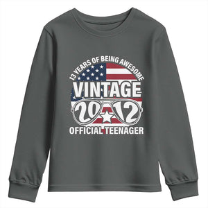 Funny 13th Birthday Youth Sweatshirt Vintage 2012 Official Teenager 13 Years Of Being Awesome USA Flag Sunglasses TS11 Dark Heather Print Your Wear