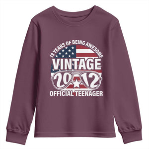 Funny 13th Birthday Youth Sweatshirt Vintage 2012 Official Teenager 13 Years Of Being Awesome USA Flag Sunglasses TS11 Maroon Print Your Wear