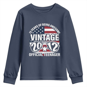 Funny 13th Birthday Youth Sweatshirt Vintage 2012 Official Teenager 13 Years Of Being Awesome USA Flag Sunglasses TS11 Navy Print Your Wear
