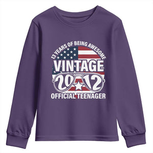 Funny 13th Birthday Youth Sweatshirt Vintage 2012 Official Teenager 13 Years Of Being Awesome USA Flag Sunglasses TS11 Purple Print Your Wear