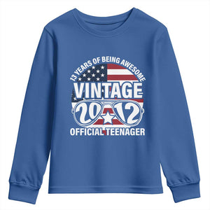 Funny 13th Birthday Youth Sweatshirt Vintage 2012 Official Teenager 13 Years Of Being Awesome USA Flag Sunglasses TS11 Royal Blue Print Your Wear