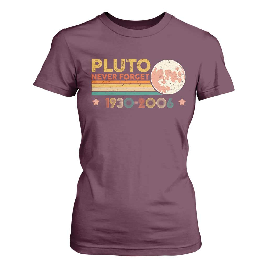 Funny Never Forget Pluto 1930 2006 T Shirt For Women Retro Stripes TS11 Maroon Print Your Wear