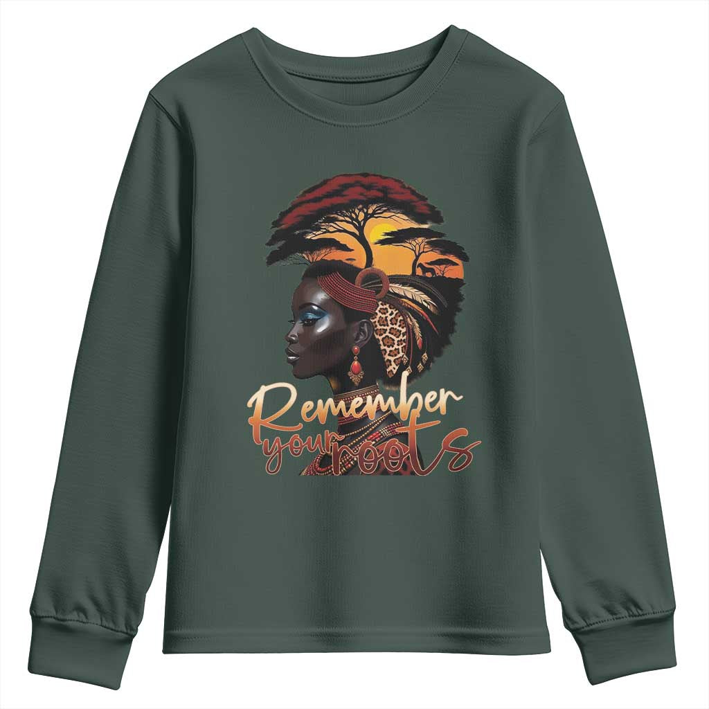 Black History Month Youth Sweatshirt Remember Your Roots African Safari TS11 Dark Forest Green Print Your Wear