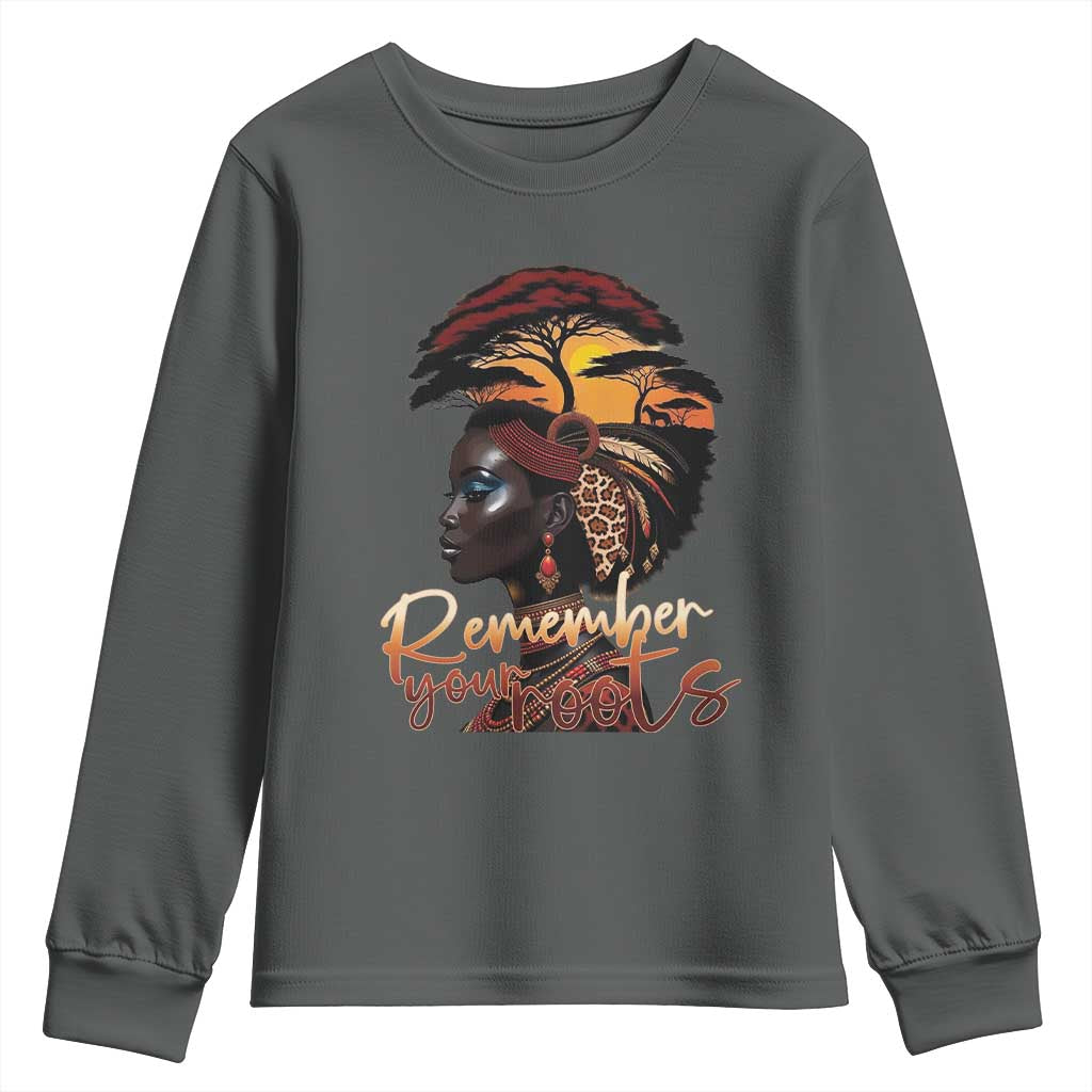 Black History Month Youth Sweatshirt Remember Your Roots African Safari TS11 Dark Heather Print Your Wear