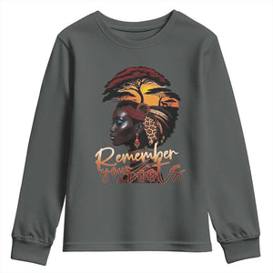 Black History Month Youth Sweatshirt Remember Your Roots African Safari TS11 Dark Heather Print Your Wear