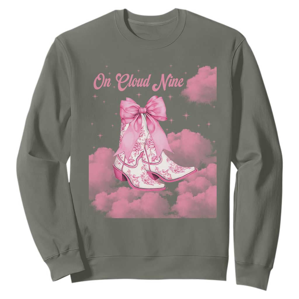 On Cloud Nine Sweatshirt 9th Birthday Bday Girl Pink Coquette Cowgirl Boots TS11 Military Green Print Your Wear