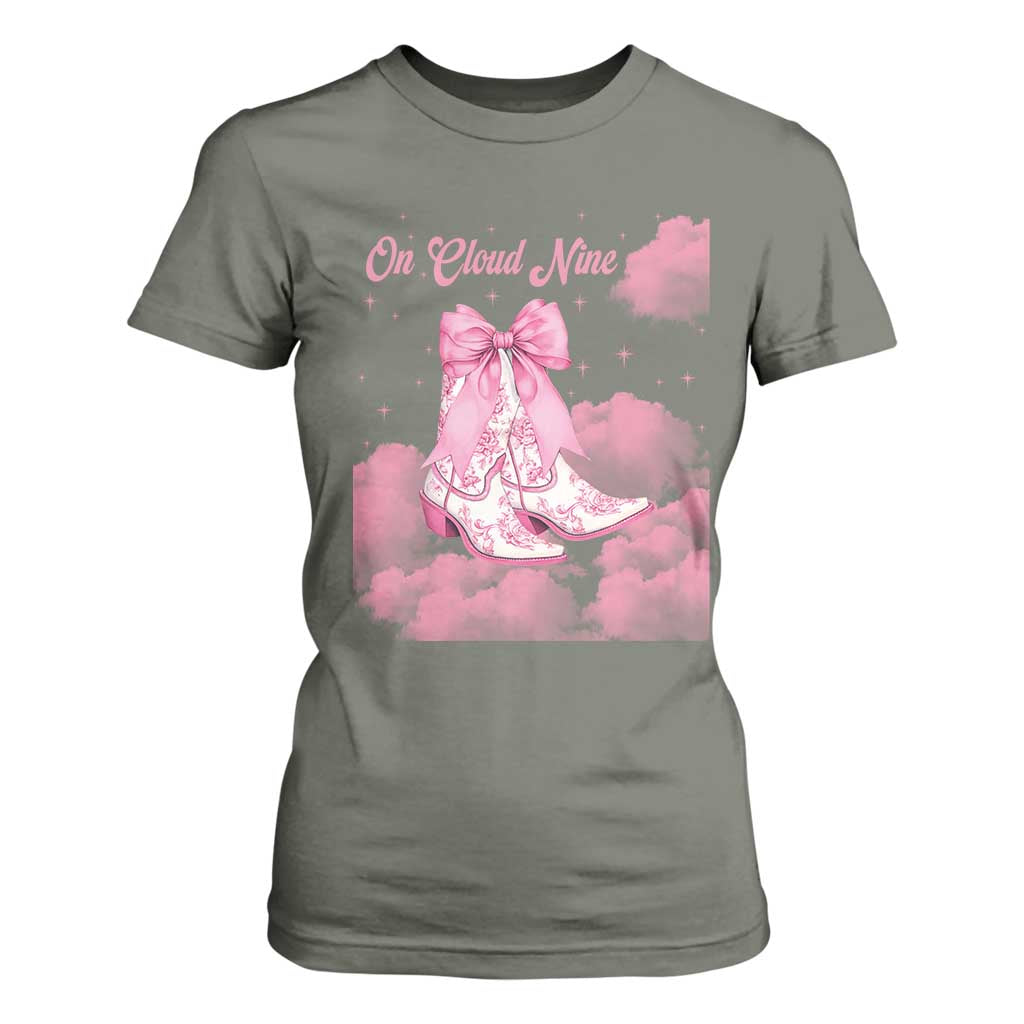 On Cloud Nine T Shirt For Women 9th Birthday Bday Girl Pink Coquette Cowgirl Boots TS11 Military Green Print Your Wear