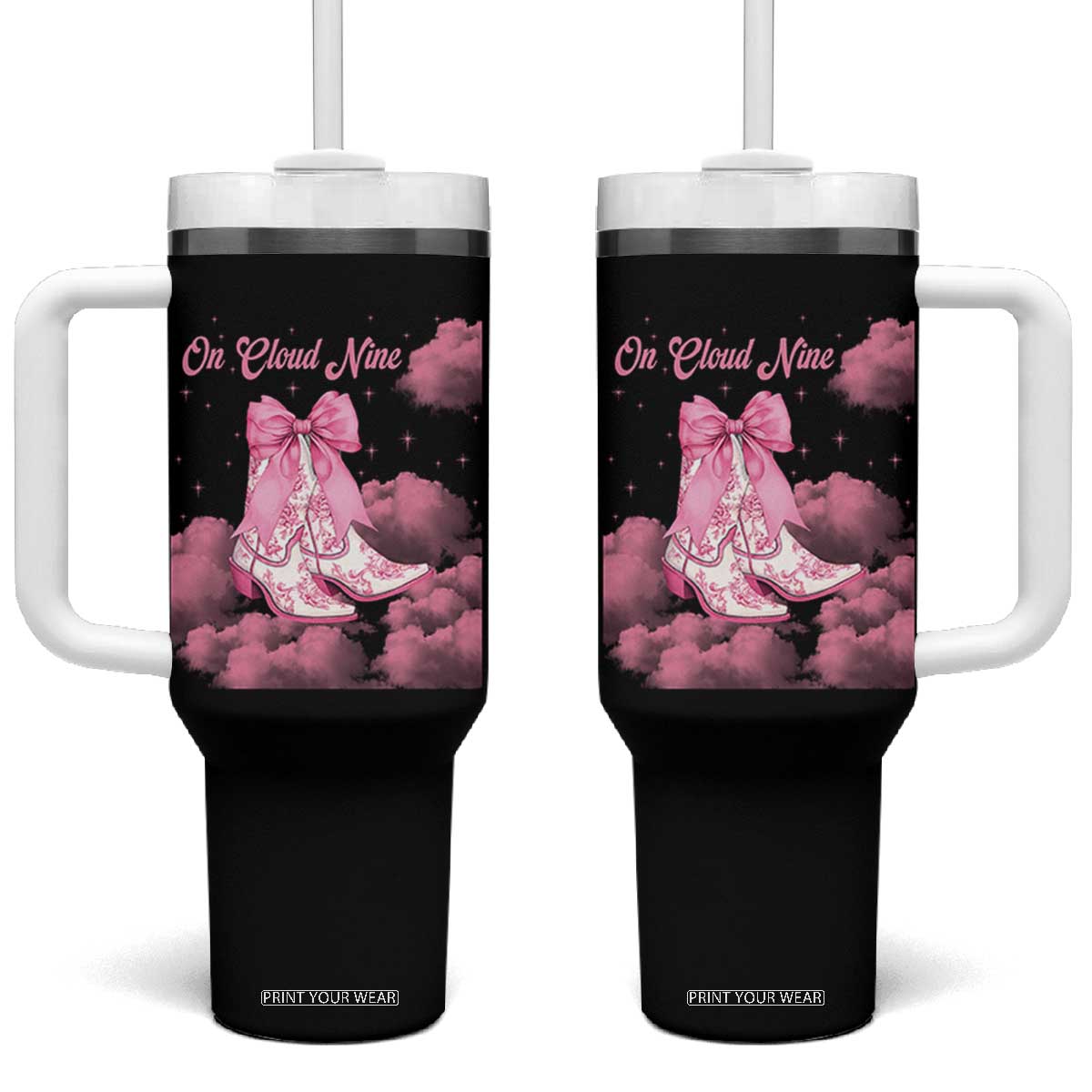 On Cloud Nine Tumbler With Handle 9th Birthday Bday Girl Pink Coquette Cowgirl Boots TS11 One Size: 40 oz Black Print Your Wear